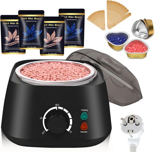 Cire Epilation Chauffe, Kit Epilation Cire, Chauffe Cire, Avec Perles D'épilation De 400 G, 5 Gobelets En Papier, 20 Spatules En Bois, Pour Sourcils, Aisselles, Corps, Jambes, Visage (Noir)