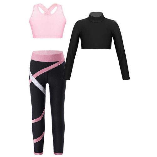 Ensemble 3 Pieces Pour Fille, Haut Court De Sport, De Danse, De Gymnastique Et Leggings Athletiques, Tenue De Gym, De Yoga Et D'entrainement