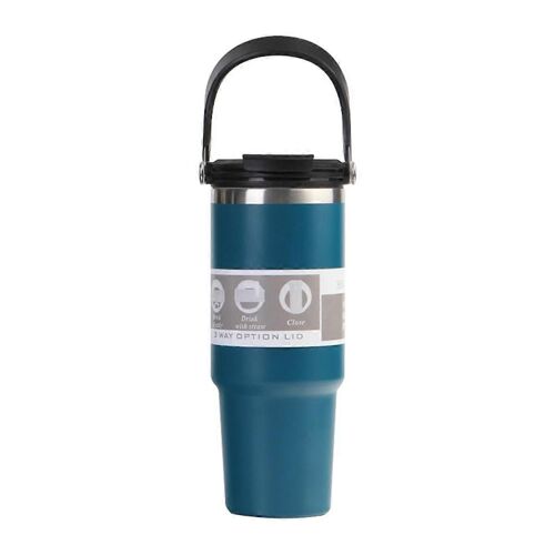 Bouteille Isotherme De 30 Oz Avec Poignée Et Paille Rabattable, Tasse À Café À Double Paroi En Acier Inoxydable, Tasse De Voyage Anti-Fuite, C