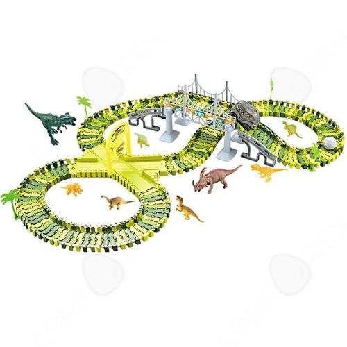 Circuit voiture enfant 140pcs voiture à chenilles pour enfants DIY pont paradisiaque du train dinosaure avec accessoires riches