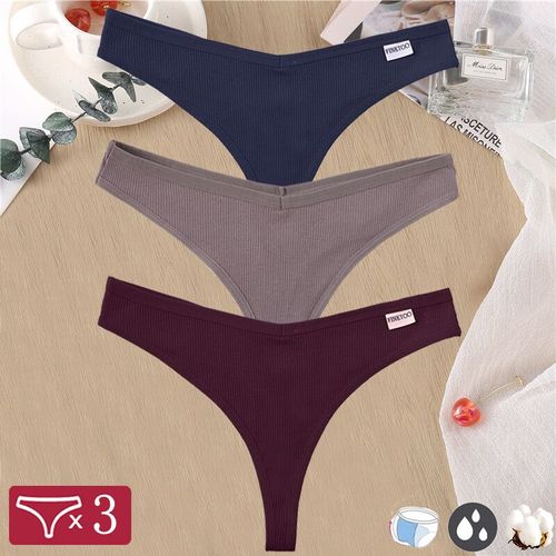 Strings En Coton Sexy Pour Femmes,Culottes À Rayures Taille En V Pour Dames,String Respirant,Sous-Vêtements Doux,Lingerie Intime Féminine,Monochromatique,Ensemble De 3 Pièces