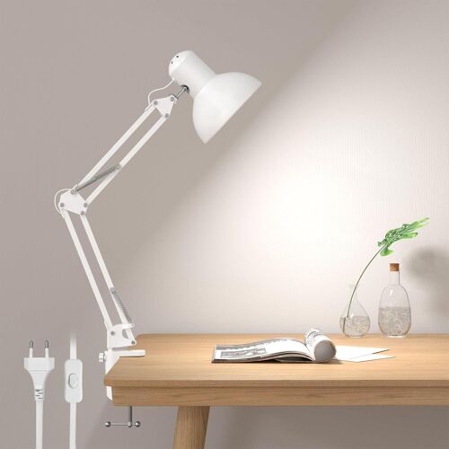 Jexnovashop-Lampe De Bureau Industrielle Avec Pince Montage Facile, Lampe Bureau Led Puissante Articulée 40w Maniable Métal Vintage, E27 Ampoule Non Incluse - Blanc