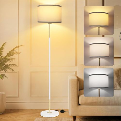 Lampadaire Sur Pied Salon, 3 Températures De Couleur Avec 9w Ampoule & Interrupteur À Pied, Lampe De Lecture Led Avec Abat-Jour En Lin, Design Vintage Moderne Pour Chambre Et Bureau(Blanc)