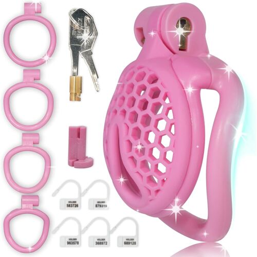 Mini Cage De Chasteté Rose Pour Hommes Cage À Bite Respirante En Nid D'abeille Avec 4 Anneaux Pour Testicules Design De Serrure Sombre Pénis Sm Jouet Sexuel Pour Hommes (Arc Ring,Pink).[K164]