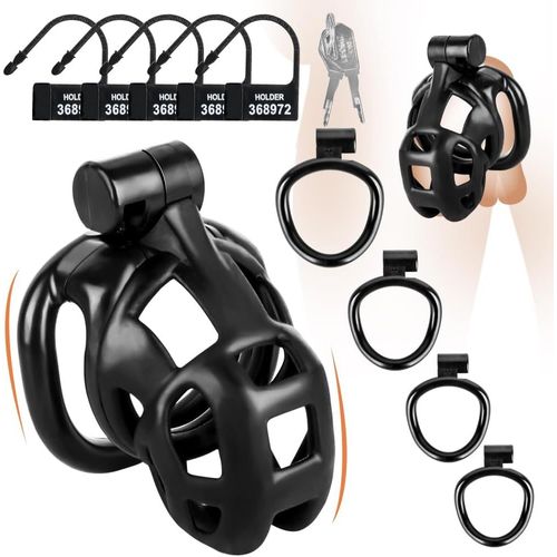 Cage Chastete¿E,Cage De Chasteté Pénis Avec 4 Cock Ring Et Verrouiller,Cock C-Age Men Sex Toy¿S Pour Punition Sextoyse Couple Plaisir,Noir,Xs