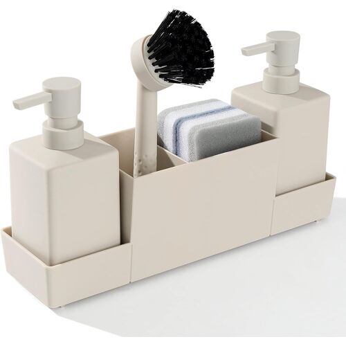 Distributeur de Savon de Cuisine avec Porte-éponge pour évier-Distributeur de Savon pour Les Mains et Vaisselle avec Brosse-Beige Mat