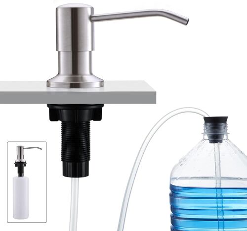 Éviers de Cuisine Distributeur de Savon encastré dans Le Plan de Travail avec Bouteille de 500ml et 1m de Tuyau d'extension de Remplissage par Le Haut Acier Inoxydable,brossé