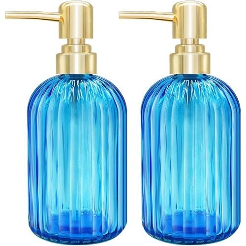 Lot de 2 distributeurs de Savon de Cuisine en Verre avec Pompe,Distributeur de Savon Transparent pour Les Mains,Liquide Vaisselle sous Lotion (Bleu)