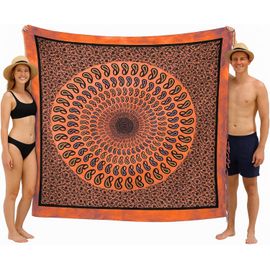 Serviette De Plage Double Coton Ethnique-Grande Serviette De Plage 240 X 220 Cm-Couverture De Plage Xxl Artisanale Multifonction (Cercle Mystique,Orange Soleil)