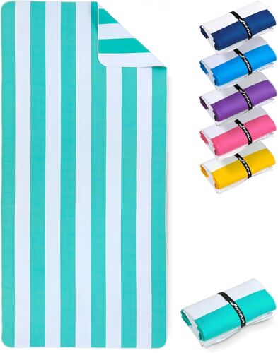 Serviette De Plage Microfibre Grande-Fine Et Légère-À Séchage Rapide-Drap De Piscine Xxl-Serviettes Anti-Sable 100% Recyclée-Rayé Turquoise-Blanc-160cm X 90cm