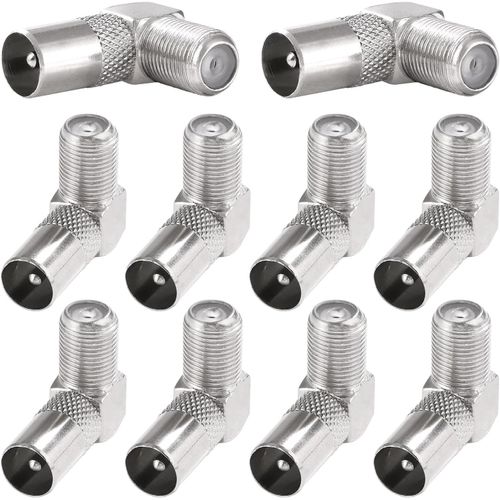 10 Pièces Adaptateur de F Femelle à Mâle Coaxiale RF à 90 Degrés,9.5 TV Mâle à Connecteur à Vis de Type F Convertisseur,Adaptateur Angle Droit Antenne TV vers F,Plaqué Nickel