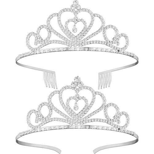 Lot De 2 Diadèmes En Strass Pour Mariage, Bal De Fin D'année, Anniversaire, Couronne De Cheveux En Strass À Double C?Ur Pour Fête De Mariage, Accessoires Pour Cheveux Pour Enfants, Reine Elizabeth Ii