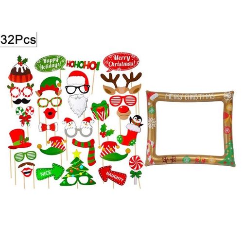 Cadre photo de Noël doré, avec 32 accessoires de photomaton de fête de Noël, cadre photo gonflable de Noël, accessoires de photomaton de Noël, pour décoration de fête de Noël DIY Nouvel An
