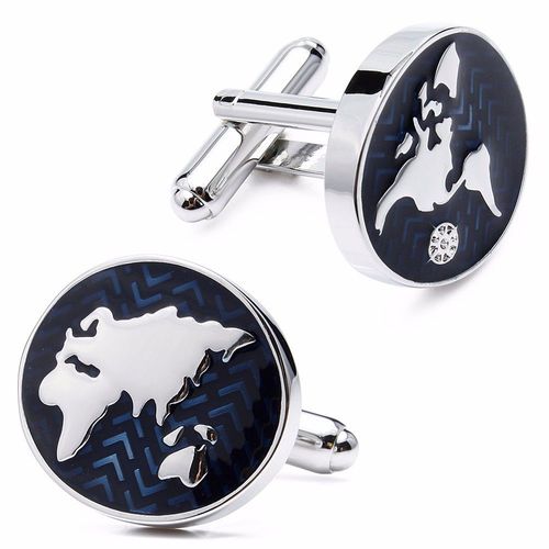 Boutons De Manchette Nautiques - Homme - Chemise Bleu Marine - Carte Du Monde - Couleur Bleu Et Argent