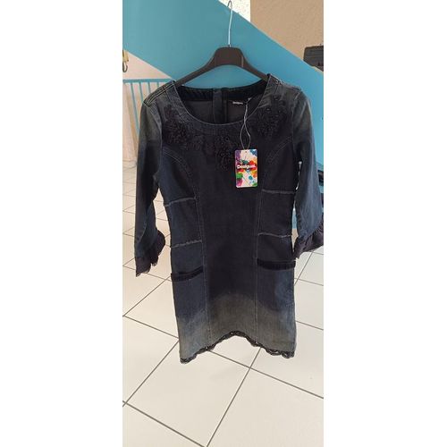 Robe Jeans Noir Taille 36 Desigual Manches 3/4 Avec Dentelle Neuve