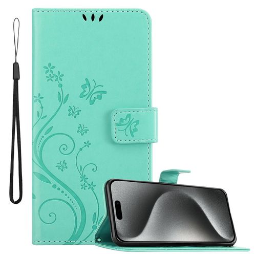 Cadorabo Coque Compatible Avec Apple Iphone 16 Pro Max En Turquoise Floral - Protection Au Design Floral Avec Fermeture Magnétique, Fonction De Support Et Emplacements Pour Cartes