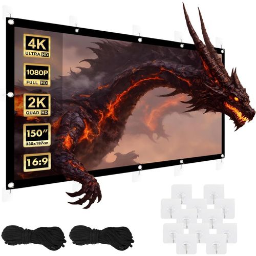 SJZG-Écran De Projection Portable ¿ Écran De Projection Portable En Polyester De Qualité Supérieure Avec Bord Noir De 25 Mm, Angle De Vision 179° Et Montage Facile (150"", 330 X 187 Cm, 16:9)