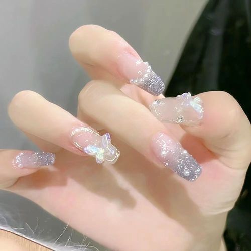 Lot De 24 Faux Ongles À Coller, Motif Papillon Et Fleur, Rose Dégradé, Strass Et Paillettes, Pour Femmes Et Filles 