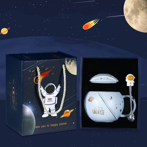 Tasses Mignonnes De Nouveauté Tasses À Café En Céramique Avec Couvercle Astronaute Cuillère En Acier Inoxydable, Tasse De Champignon De Braise Du Matin Et Tasse De Lait Pour Femmes Ou Hommes Bleu Ciel