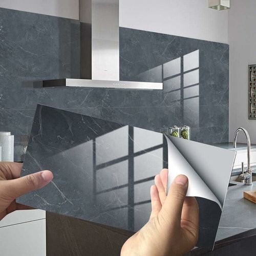 Carrelage décoratif adhésif 30 x 15 cm (gris fumé, 16 pièces) pour salle de bain et cuisine, mosaïque de marbre 3D imperméable