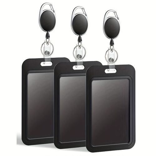 Lot De 3 Porte-Badges Coulissants Protecteur Vertical Rigide En Plastique Noir Avec Enrouleur De Badge Pour Le Bureau, L'école, Les Cartes De Crédit, Les Cartes-Clés De Proximité, Le Permis De Conduir