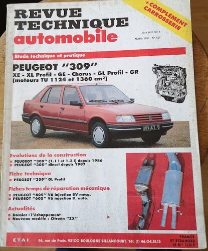 Rta N° 525 Peugeot 309 Xe - Xl Profil - Ge - Chorus - Gl Profil - Gr (Moteurs Tu 1124 Et 1360 Cm3)