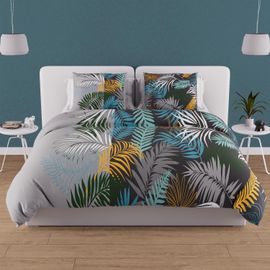 Parure Housse De Couette En Coton 57 Fils 240x220 Cm Jungle Bleu, Par Soleil D'ocre
