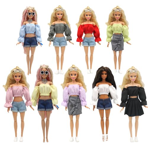 Ensemble 9 Pièces 29cm Poupée Jouet Accessoires Vêtements Manches Bulle + Short En Jean + Jupe