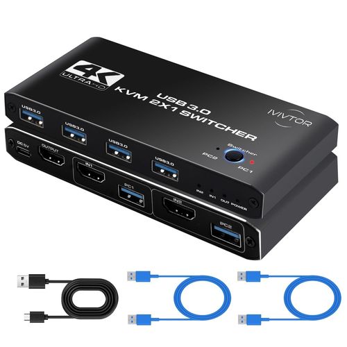 Commutateur Kvm Usb 3.0: 4K@60Hz Kvm Switch Brancher 2 Pc Sur 1 Ecran - 4 Usb Ports Pour Clavier Souris Clé Disque Dur Externe Imprimante Scanner