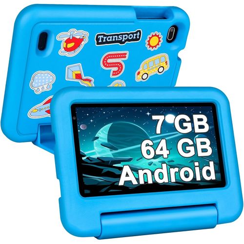 KALWS-Tablette Enfants 7 Pouces,Quad Core 7Go Ram+64Go Rom(Tf 1 To),Tablette Éducative Avec Certifié Gms,Contrôle Parental,Wifi,Bluetooth,Tablettes Avec Étui Anti-Chute-Bleu