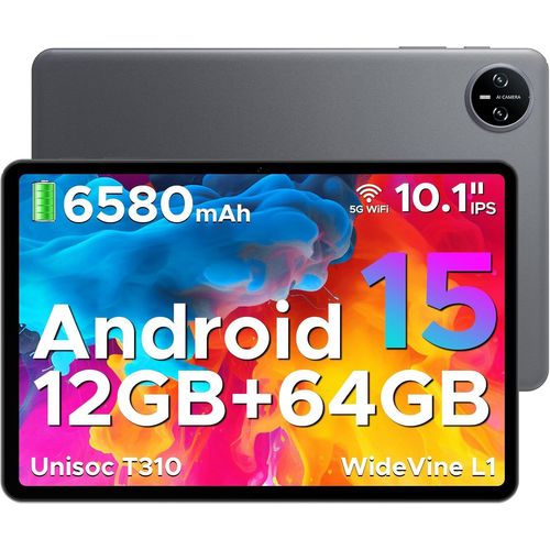 KALWS-Tab A9 Tablette Android 15,Tablette 10 Pouces,Unisoc T310,12Gb Ram+64Gb Rom(Tf 2Tb),6580 Mah Tablette Tactile,5G Wifi/Double Haut-Parleur/8Mp/Type-C/Gms/Bluetooth/Face Id/Jack 3,5 Mm,Gris