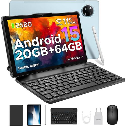 Tablette Tab A9+ Android 15 Avec 5G Wi-Fi,20Gb Ram+64Gb Rom(2Tb Tf),11 Pouces Tablette Tactile Avec Widevine L1 8580Mah,13Mp+8Mp,Tablette Avec Clavier 90Hz/ Octa-Core/ Bt5.0/ Gpsbleu