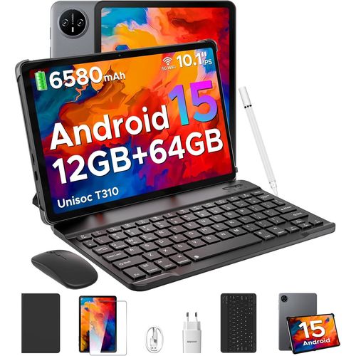 KALWS-Tab A9 Tablette Android 15,Tablette 10 Pouces,Unisoc T310,12Gb Ram+64Gb Rom(Tf 2Tb) Tablette Avec Clavier,6580 Mah Tablette Tactile,5G Wifi/8Mp/Type-C/Gms/Bluetooth/Face Id/Jack 3,5 Mm,Gris