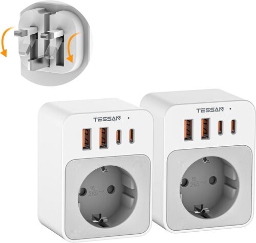 Loc-Lot De 2 Adaptateur Pr Angla Vers France,Pr Uk Pliable Avec 2 Usb C Et 2 Usb A,Charge Rapide 20W,Adaptateur Type G Pour Irlande Uk Dubai Écosse Seychelles Malte Kenya Tanzanie