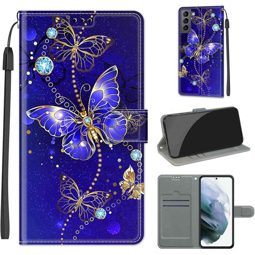 Coque Compatible Pour Samsung Galaxy S22 5g Etui Silicone Pu Cuir Magnetique Clapet A Rabat Support Motif Dr?Le Avec Cordon Portefeuille Kickstand Bumper Housse Cover, Papillon 1