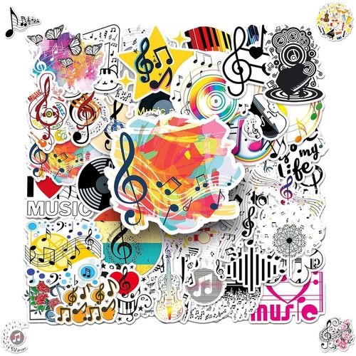 Jum-2 X 50 Feuilles Autocollants Avec Symbole De Musique Pour Amateurs De Musique,Autocollants Imperméables Esthétique Pour Guitare,Ordinateur Portable,Bouteille D'eau,Téléphone,Scrapbooking