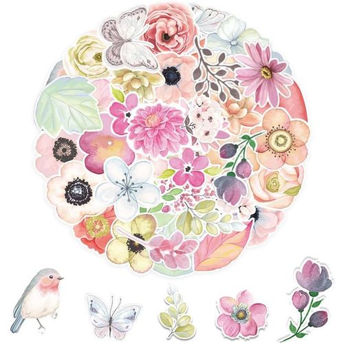 Bgiiik-100 Pcs Stickers Fleurs Autocollant Scrapbooking Plantes,Gommettes Fleurs Autocollantes Aesthetic,Stickers Flowers Decoratifs,Autocollant Ordinateur Portable,Valise Sticker Coque Telephone