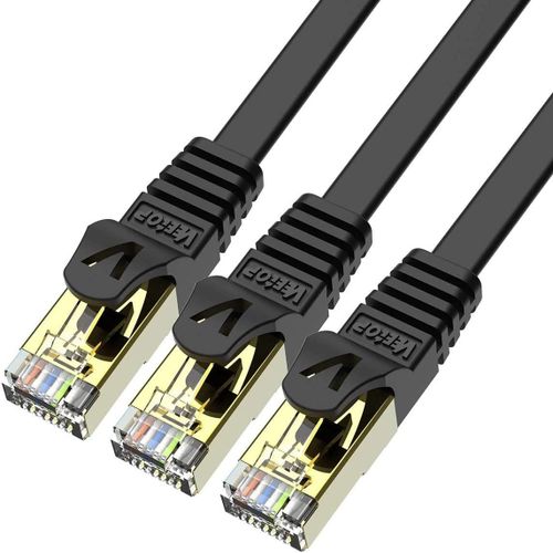 TIANYI-Cable Ethernet 5m 3 pièces, Cable Rj45 Cat 7 Plat haute vitesse avec connecteur RJ45 plaqué or, Cable Ethernet blindé Cable internet Haut Débit 10 Gb/s - 750 MHz Noir