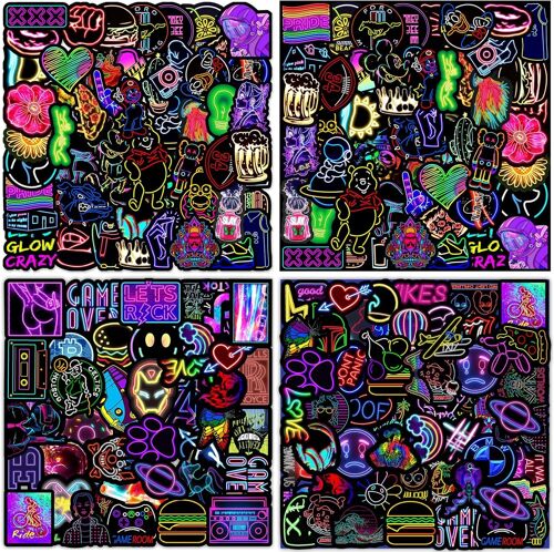 Neon Graffiti Stickers - 200 Pack Waterproof Vinyl Stickers - for Laptop, Skateboard, Water Bottle, Macbook, Bike, Suitcase and More (No Repetitive Pattern)
