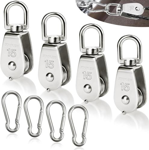 Set Of 8 Pulleys With 4 M15 Pulleys And 4 M4 Carabiners, Stainless Steel Rope Idler Pulleys 35kg Load Capacity For Sun Sail Fitness Winch