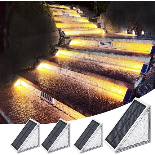 Lampes Solaires D'extérieur, Lampe Solaire Pour Escalier, Éclairage Solaire Pour Escalier,Super Lumineux Pour Cour, Patio, Pelouse, Marches D'entrée (Blanc Chaud, 4 Pcs)