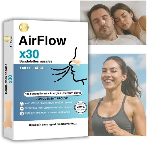 Kw Airflow Bandelettes Nasales Anti-Ronflement X30|Taille L|Ecarteur Nasal Anti-Ronflement Efficace Puissant|Nasal Strips Dilatateur Nasal|Patch Nez Respiration|Dispositifs Anti-Ronflement 