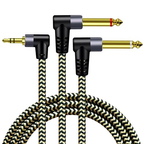 Câble répartiteur en Y 3,5 mm vers 6,35 mm TRS vers double TS mono 6,35 mm à angle droit compatible avec iPhone, lecteurs CD, systèmes stéréo domestiques (1,5 m)
