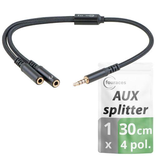 AUX y Splitter - 4 pôles, Câble adaptateur très court - 30 cm - 3,5 mm - 2 connecteurs casque pour PC - jack splitter, répartiteur audio, double cable