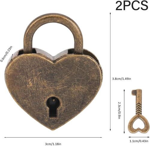 2pcs Serrure d'amour rétro- Cadenas décoratif Vintage avec clé en Forme de coeur,pour Petits Bagages Boîte à Bagages Valises Casiers Maison(Couleur Bronze)