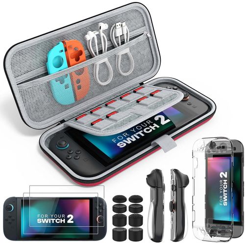 Tye-Étui Pour Nintendo Switch 2 (2025), Kit D'accessoires Switch 2 14 En 1 Avec Pochette, Coque Pc Transparente, Housse Joycon Tpu, 2 Verre Trempé Hd Et 8 Poignées Pour Pouce, Rouge
