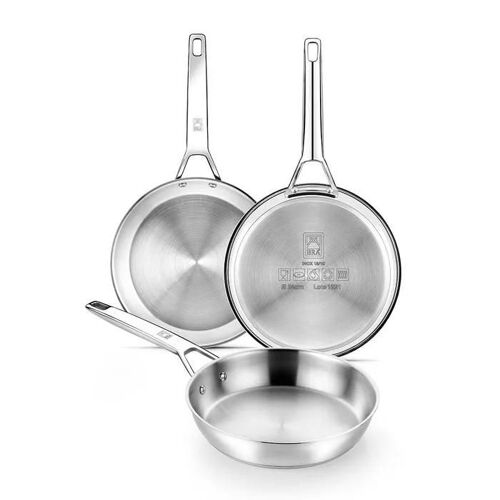 Bra Signature | Lot De 3 Poêles En Acier Inoxydable 18/10 Professionnel Sans Revêtement Antiadhésif, Triple Fond Diffuseur, Tous