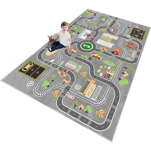 GJFTY-Tapis Enfant Tapis de Jeu Enfant Tapis de Chambre d'enfant, Rue, Tapis de Voiture, pour garçon et Fille Gris Vert Bleu(A,80X120CM)