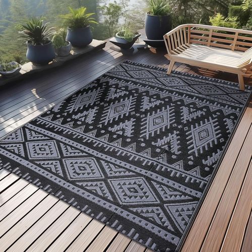 Ersan-Tapis D'extérieur Résistant Aux Intempéries, En Plastique, Pliable, Lavable, Résistant Aux Uv, Réversible, Pour Balcon, Jardin, Terrasse, Camping, Pique-Nique (120 X 180 Cm, Noir Et Gris)