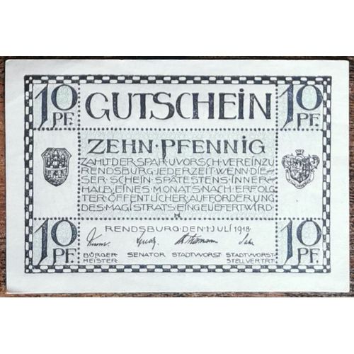 Billet Allemagne 10 Pfennig 1918 Rendsburg Gra R26